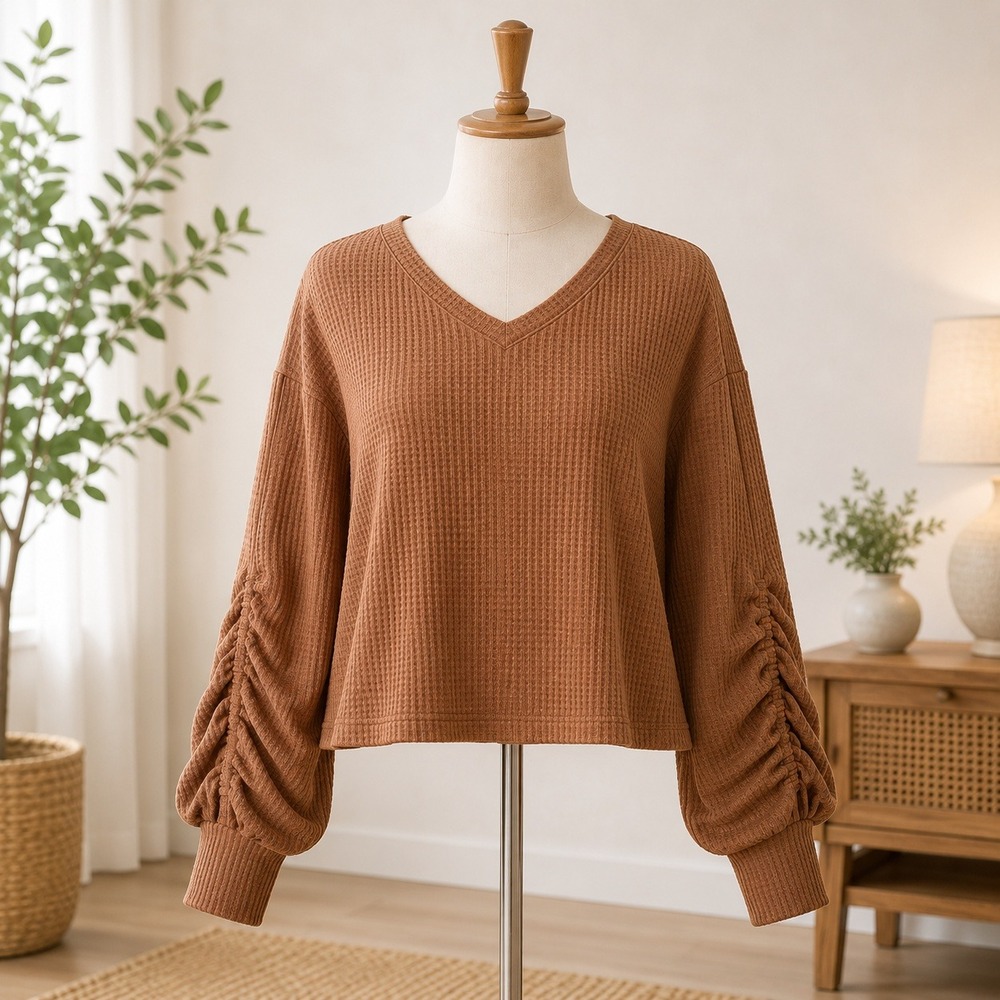 NWT Cupshe Waffle Knit Top Womens Medium Brown Ruffle Tiered Sleeve‎ V-Neck Cozy